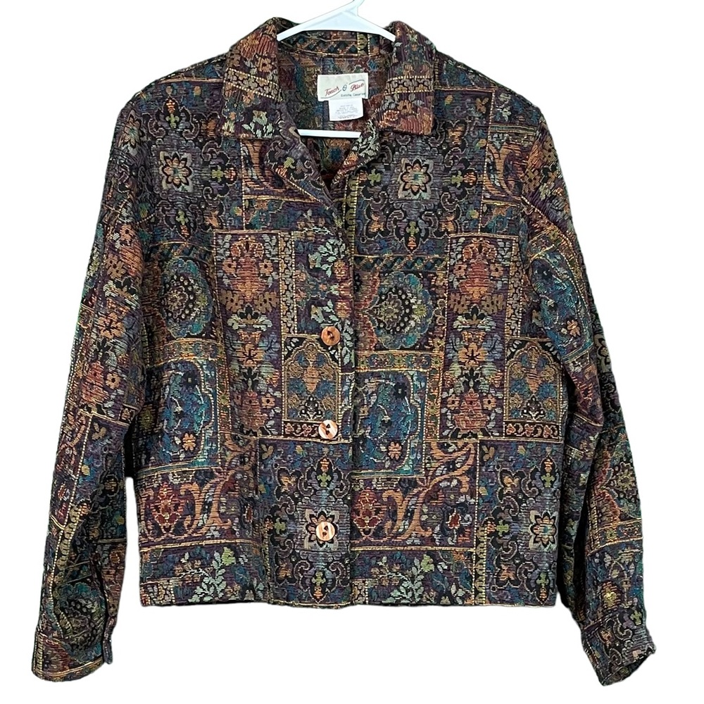 (120) Vintage Touch O'Blue Floral Button Blazer
